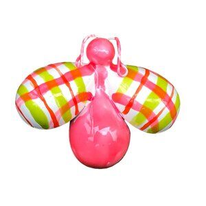 Vintage 1960s Neon Pink Bug Brooch with Plaid Wings Hand Painted Glows in UV